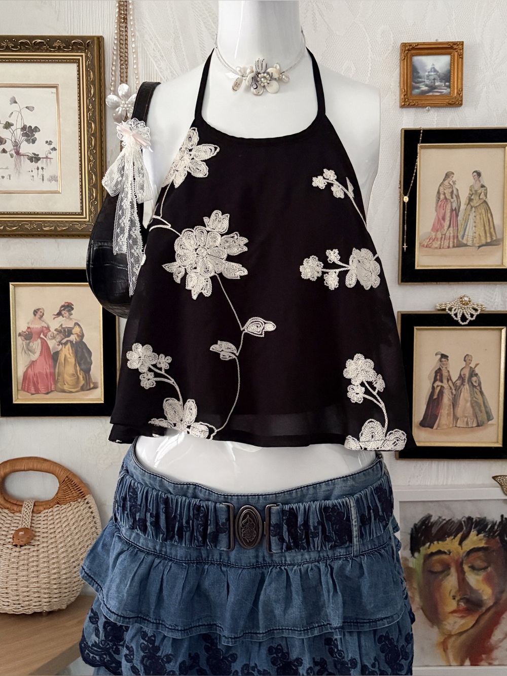 Boho coastal festival girly floral embroidery chiffon black halter top